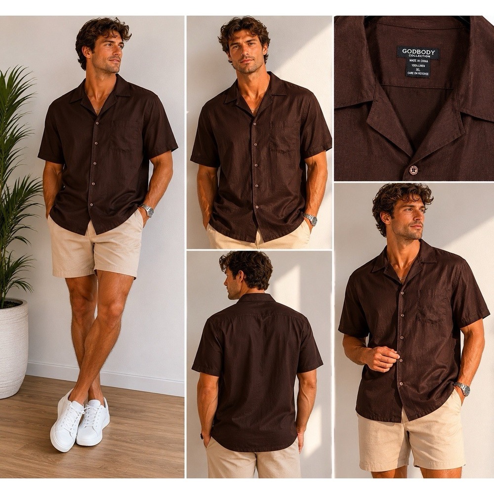 Godbody Men's XL Brown Linen Camp Shirt Y2K Cuban Resort Retro Vacation Casual